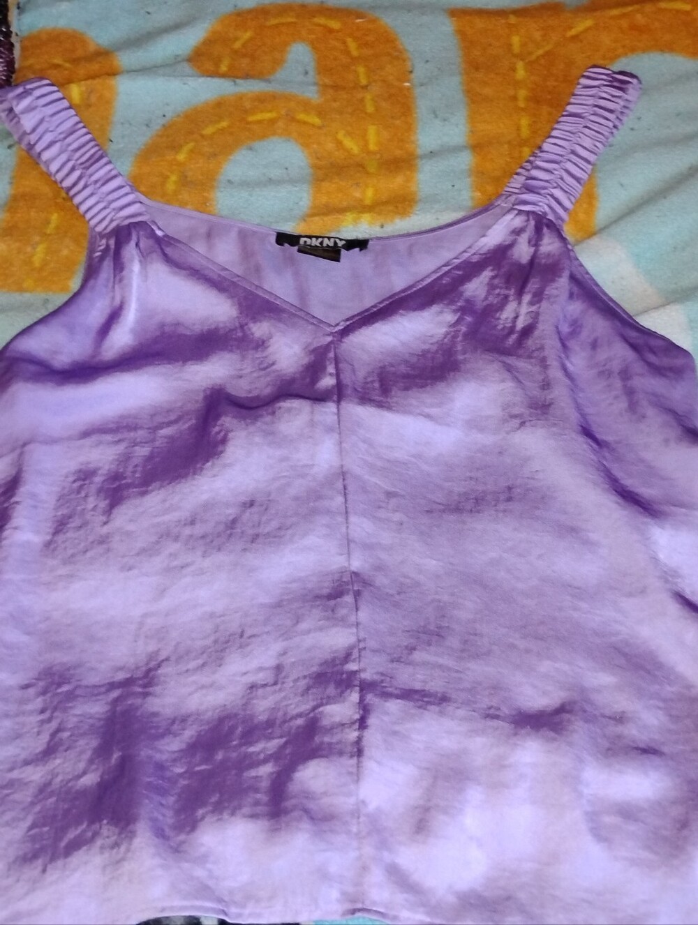 DKNY Purple Satin V-Neck Camisole with Ruched Straps